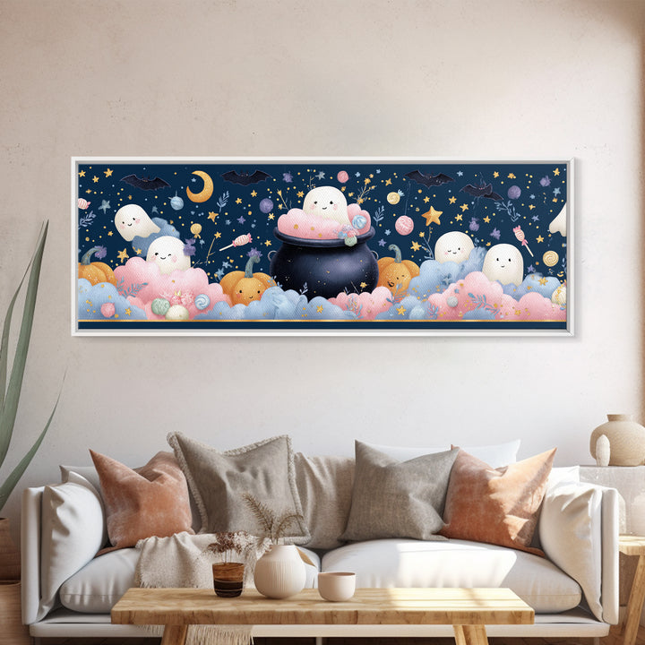 The Cotton-Candy Cauldron, Felt Halloween Art, Extra Wide Wall Art, Canvas Print, Cute Halloween Wall Art