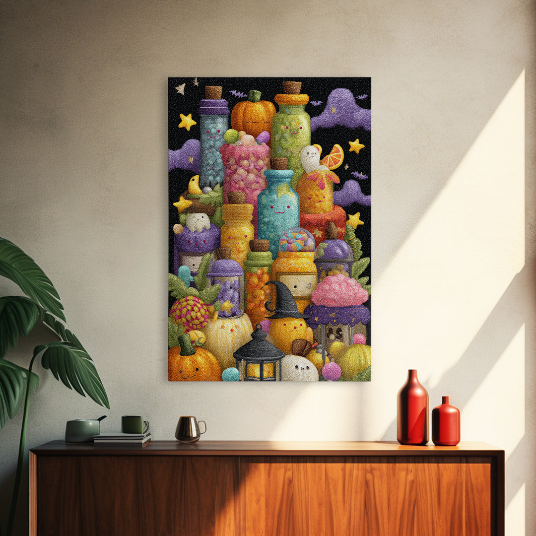 The Jellybean Potion Shop, Plush Halloween Art, Vertical Wall Art, Canvas Print, Cute Halloween Wall Art