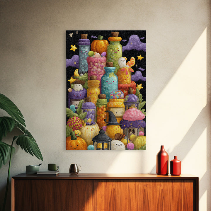 The Jellybean Potion Shop, Plush Halloween Art, Vertical Wall Art, Canvas Print, Cute Halloween Wall Art