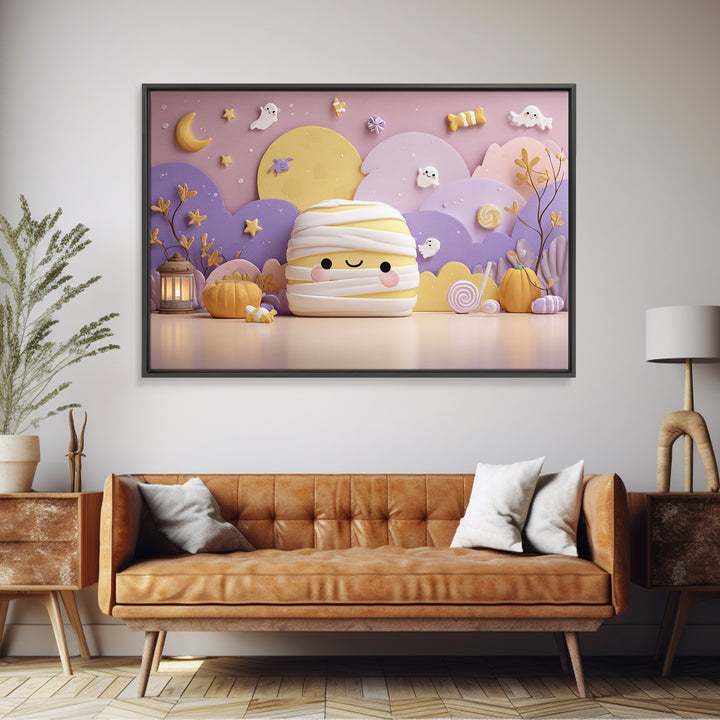 The Popcorn Mummy, Kawaii Halloween Art, Landscape Wall Art, Framed Canvas Print, Cute Halloween Wall Art