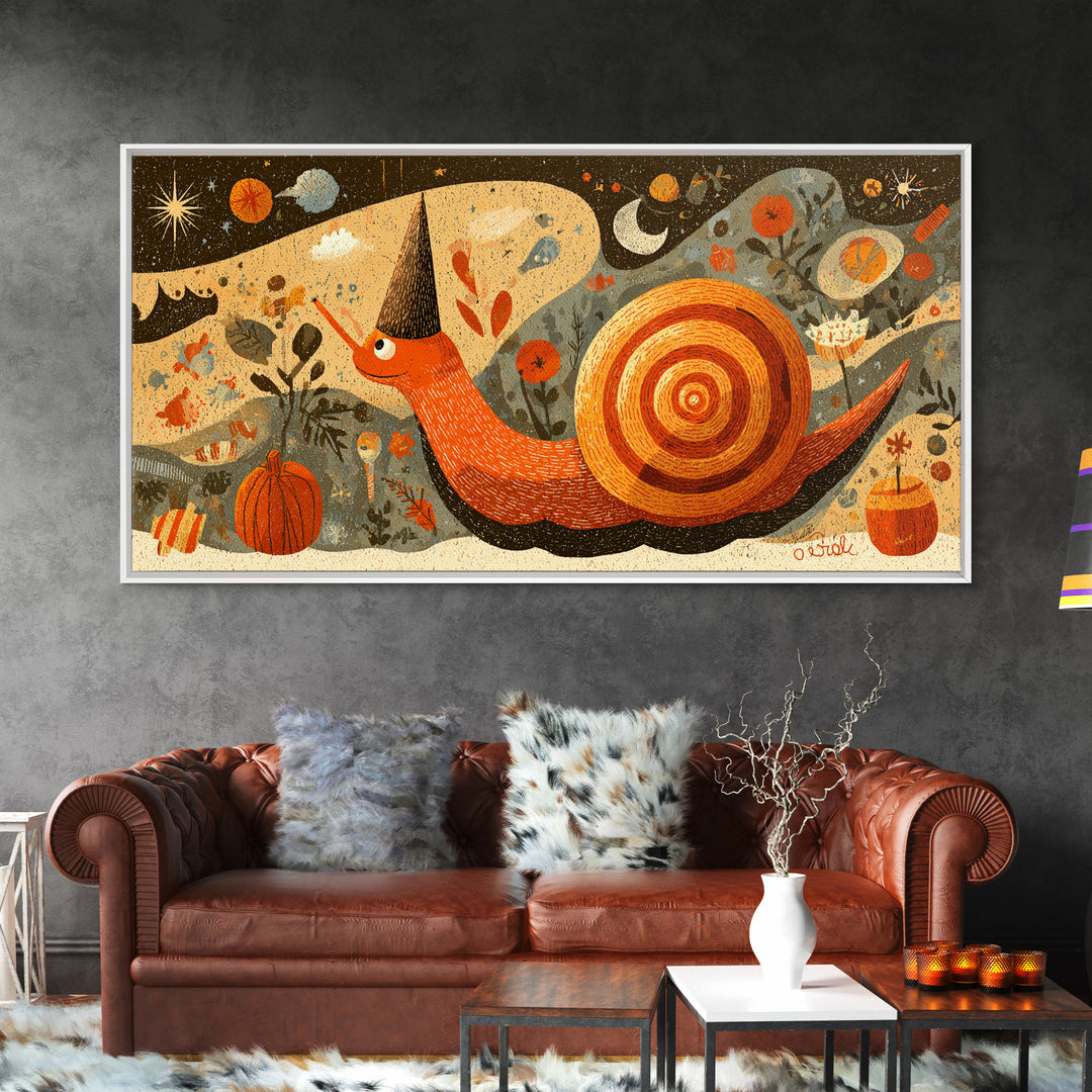 The Cinnamon-Roll Snail Witch, Screenprint Halloween Art, Wide Panoramic Art, Framed Canvas Print, Cute Halloween Wall Art