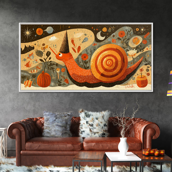 The Cinnamon-Roll Snail Witch, Screenprint Halloween Art, Wide Panoramic Art, Framed Canvas Print, Cute Halloween Wall Art
