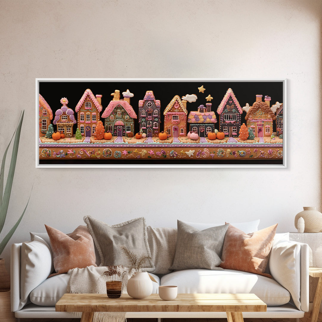 The Halloween Gingerbread Village, Folk Halloween Art, Extra Wide Wall Art, Canvas Print, Cute Halloween Wall Art