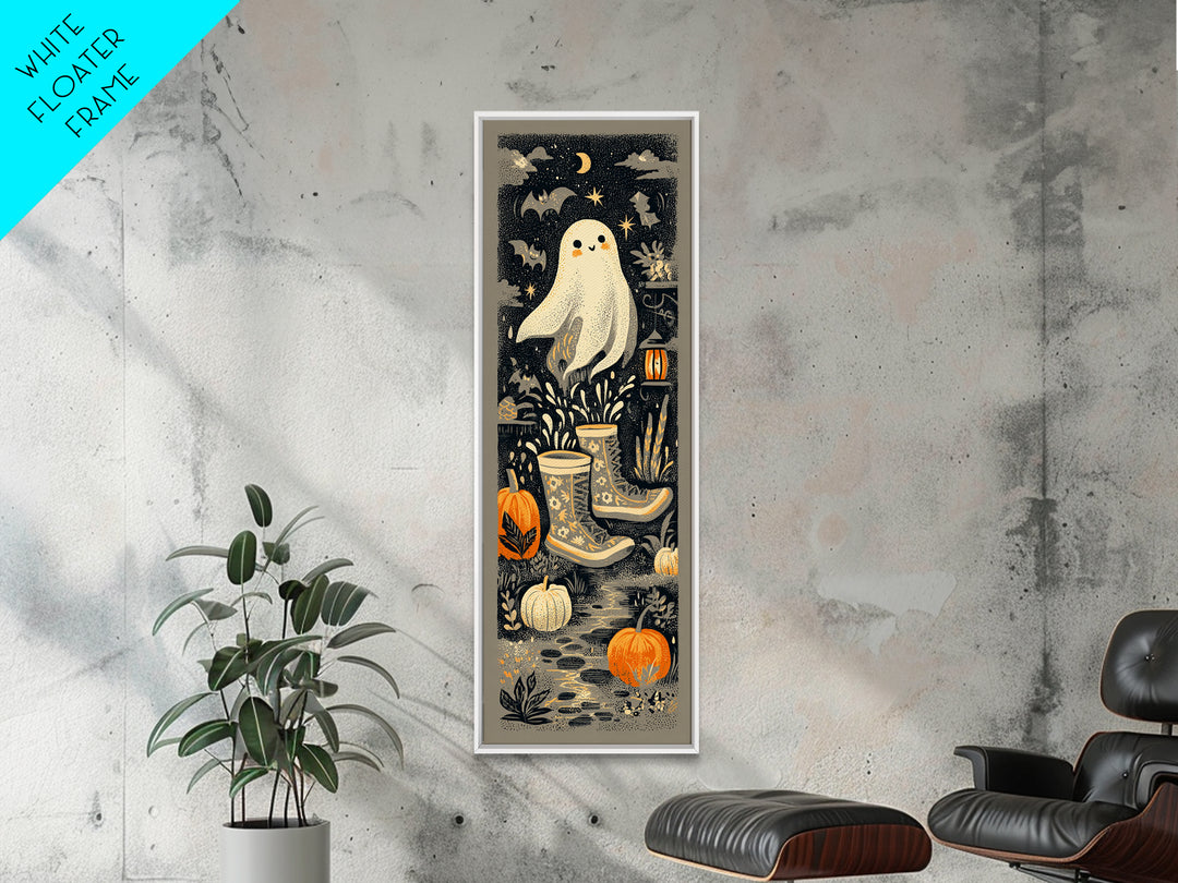 The Ghost In Rain Boots, Linocut Halloween Art, Tall Narrow Wall Art, Framed Canvas Print, Cute Halloween Wall Art