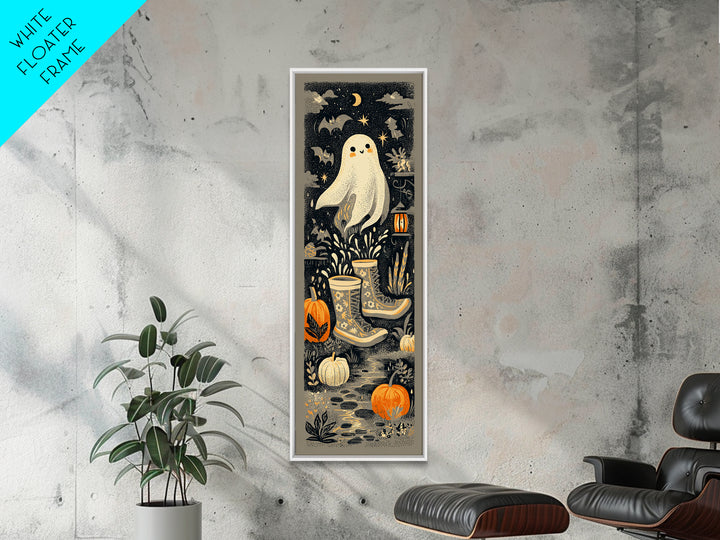 The Ghost In Rain Boots, Linocut Halloween Art, Tall Narrow Wall Art, Framed Canvas Print, Cute Halloween Wall Art