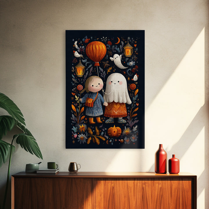 The Ghost Balloon Friend, Embroidered Halloween Art, Vertical Wall Art, Canvas Print, Cute Halloween Wall Art