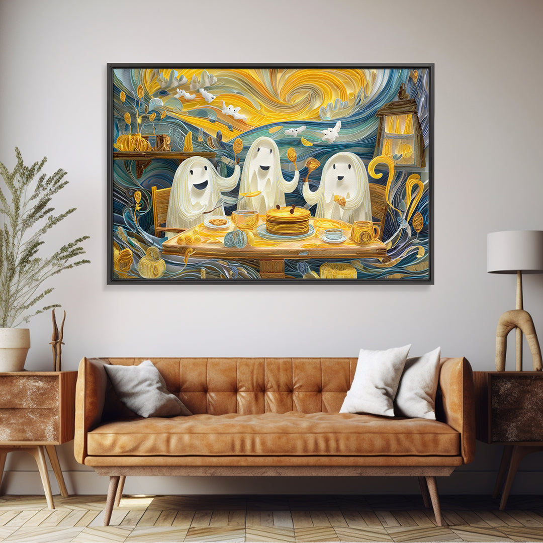 The Ghost Family Breakfast, Quilled Halloween Art, Landscape Wall Art, Framed Canvas Print, Cute Halloween Wall Art