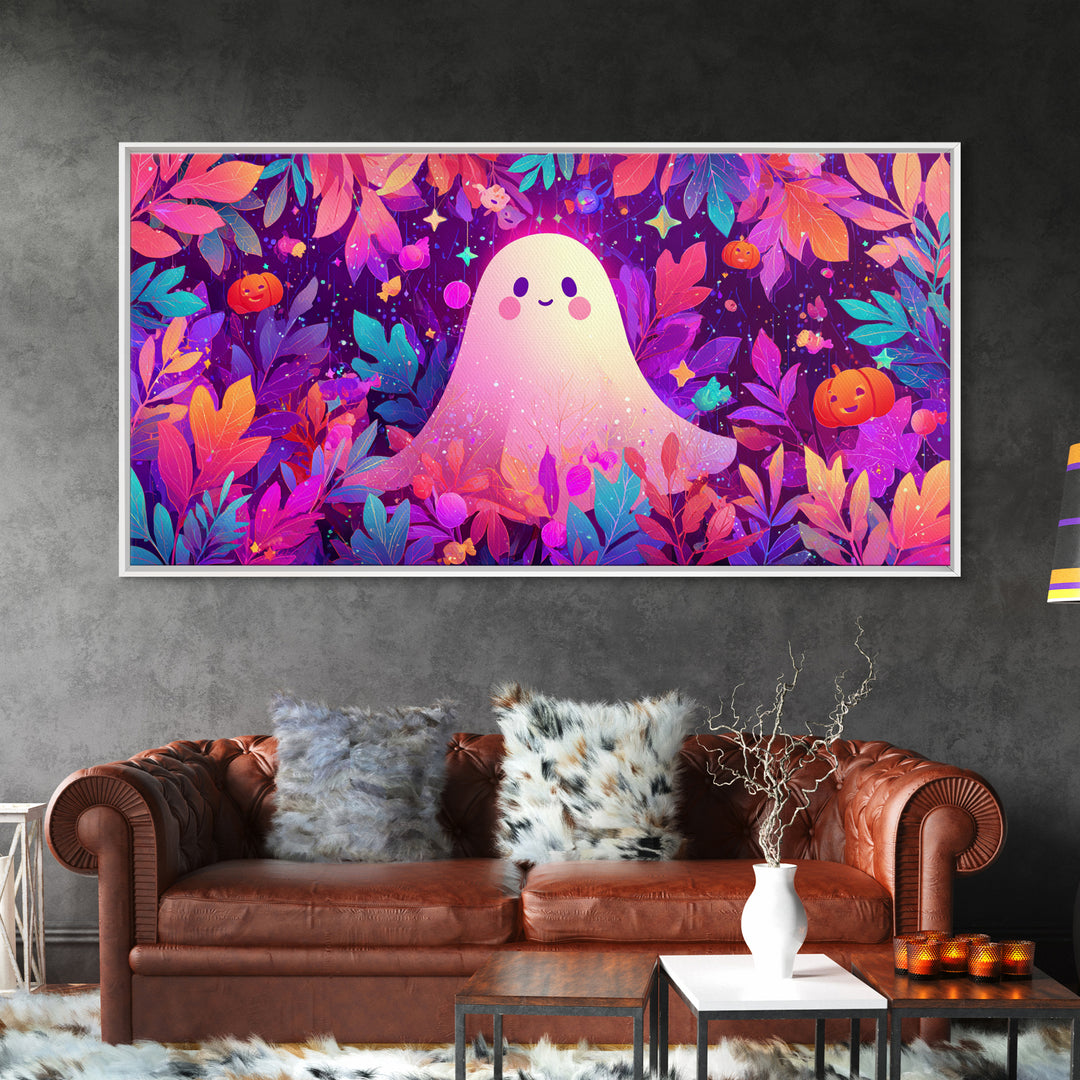 The Ghost With A Flower Crown, Vaporwave Halloween Art, Wide Panoramic Art, Framed Canvas Print, Cute Halloween Wall Art