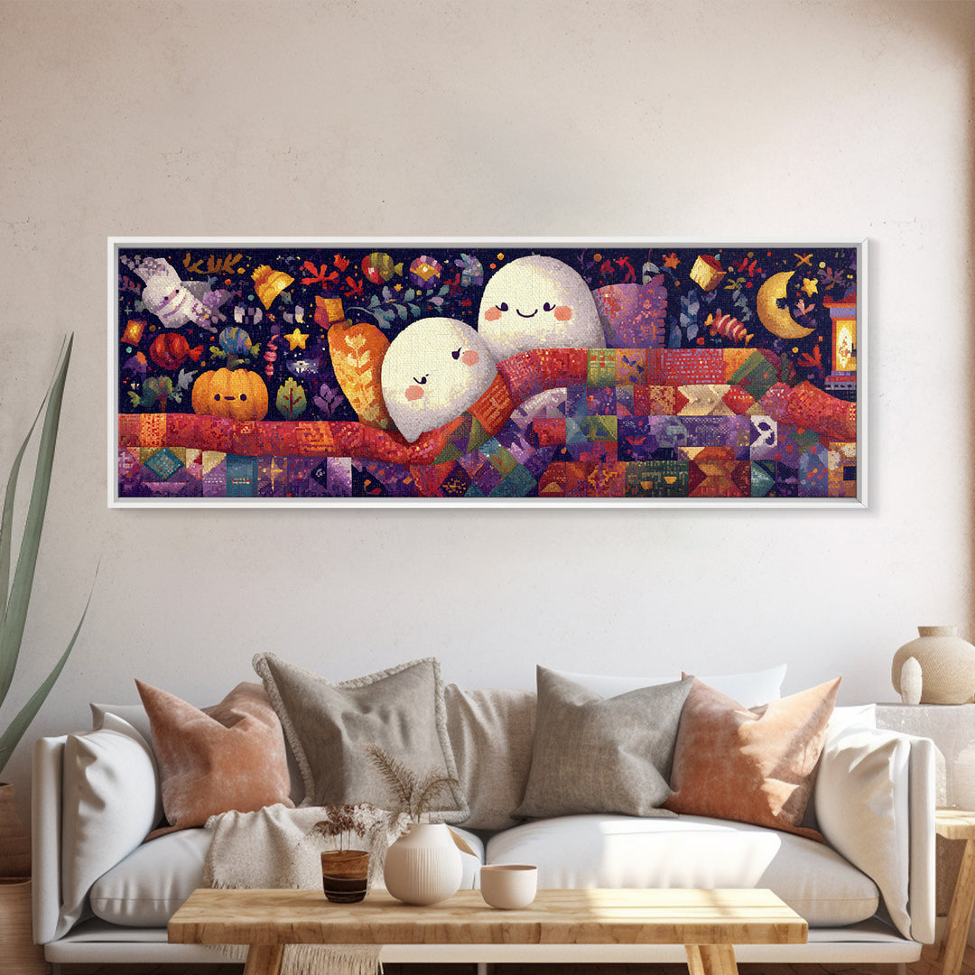 The Sleepy Blanket Ghost, Pixel Halloween Art, Extra Wide Wall Art, Canvas Print, Cute Halloween Wall Art