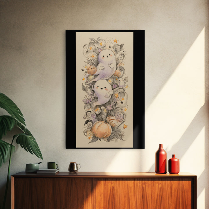 The Ghost And Firefly Friends, Hand Sketch Halloween Art, Vertical Wall Art, Canvas Print, Cute Halloween Wall Art