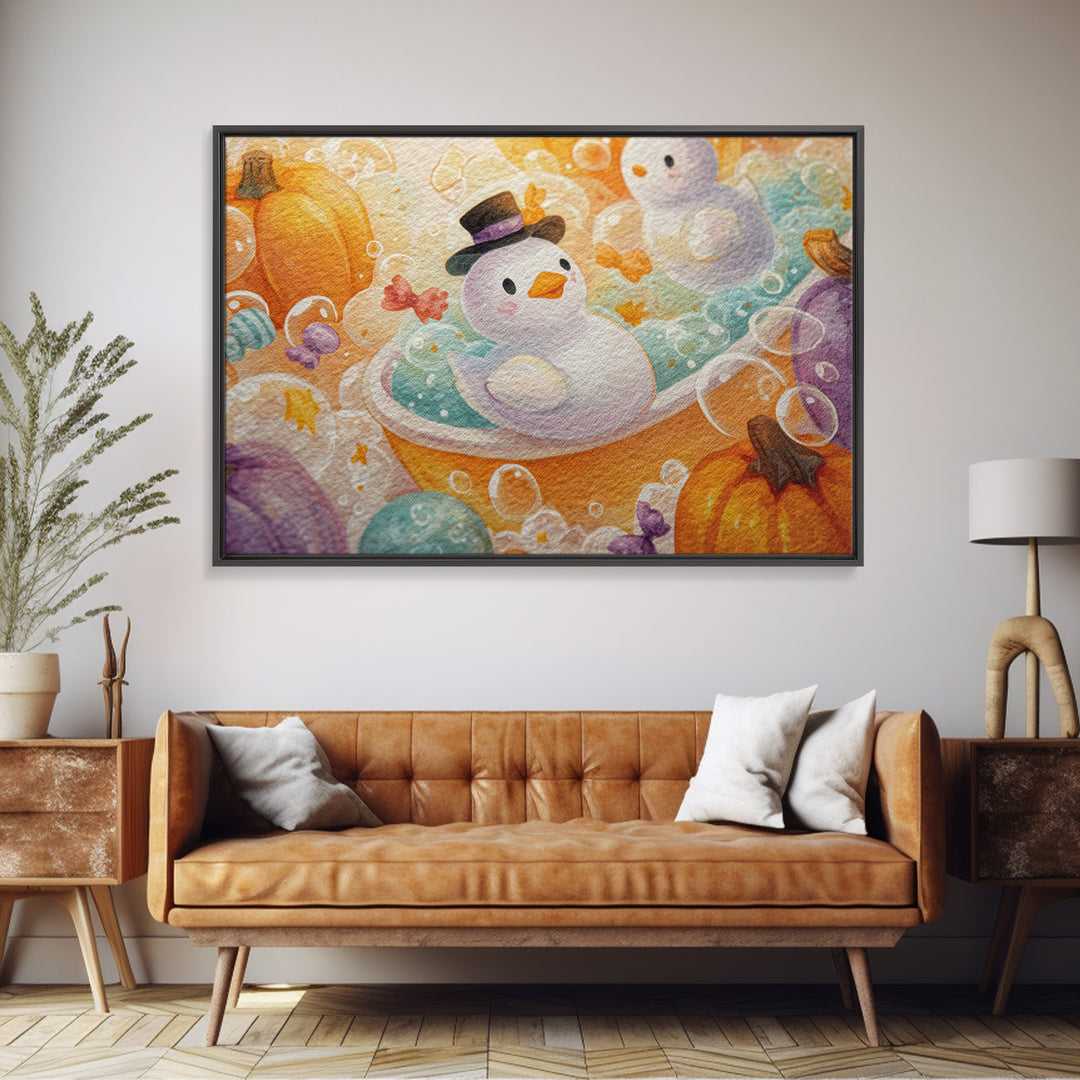 The Ghost Bubble Bath, Watercolor Halloween Art, Landscape Wall Art, Framed Canvas Print, Cute Halloween Wall Art