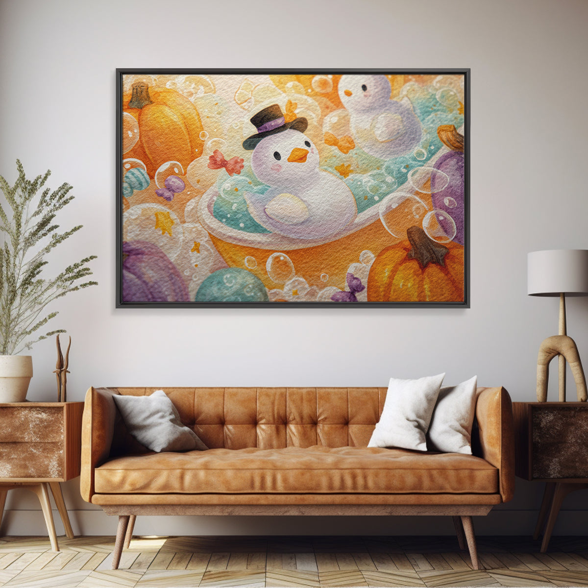 The Ghost Bubble Bath, Watercolor Halloween Art, Landscape Wall Art, Framed Canvas Print, Cute Halloween Wall Art