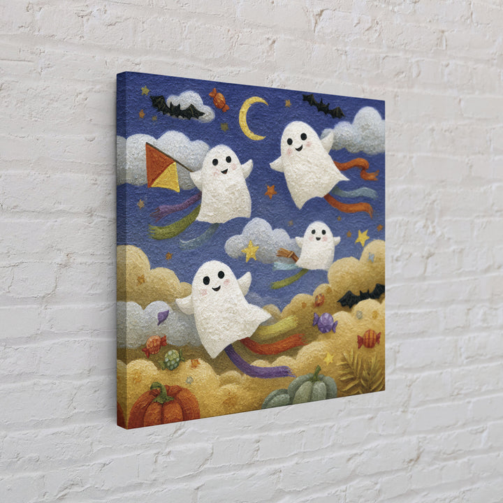 The Ghost Kite Festival, Gouache Halloween Art, Square Wall Art, Canvas Print, Cute Halloween Wall Art