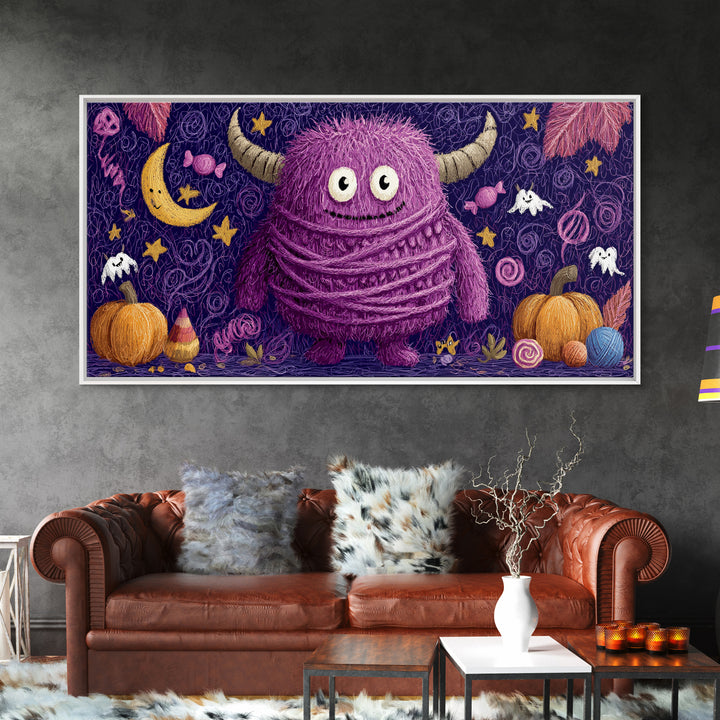 The Fuzzy Purple Monster, Crayon Halloween Art, Wide Panoramic Art, Framed Canvas Print, Cute Halloween Wall Art