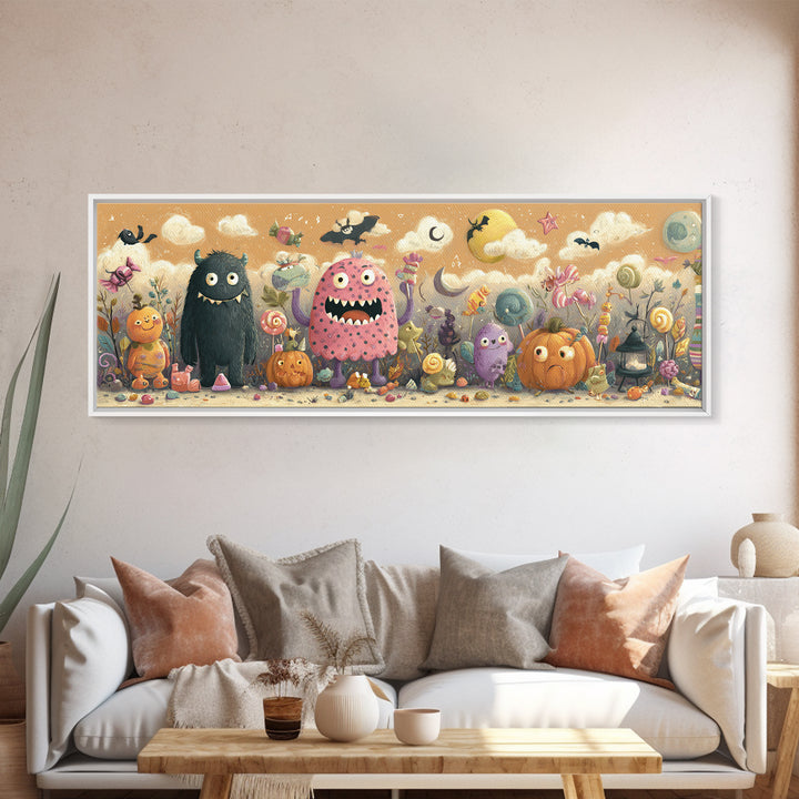 The Polka-Dot Monster, Pastel Halloween Art, Extra Wide Wall Art, Canvas Print, Cute Halloween Wall Art