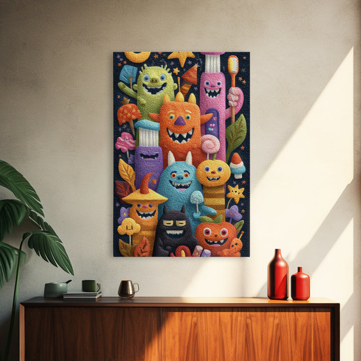 The Monster Toothbrush Club, Felt Halloween Art, Vertical Wall Art, Canvas Print, Cute Halloween Wall Art