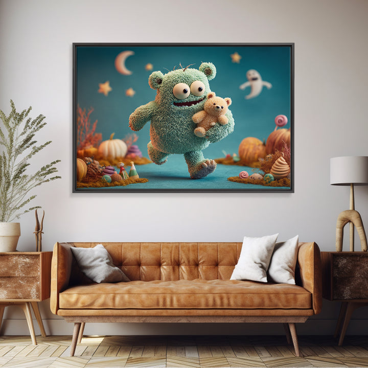 The Three-Eyed Teddy Monster, Clay Halloween Art, Landscape Wall Art, Framed Canvas Print, Cute Halloween Wall Art