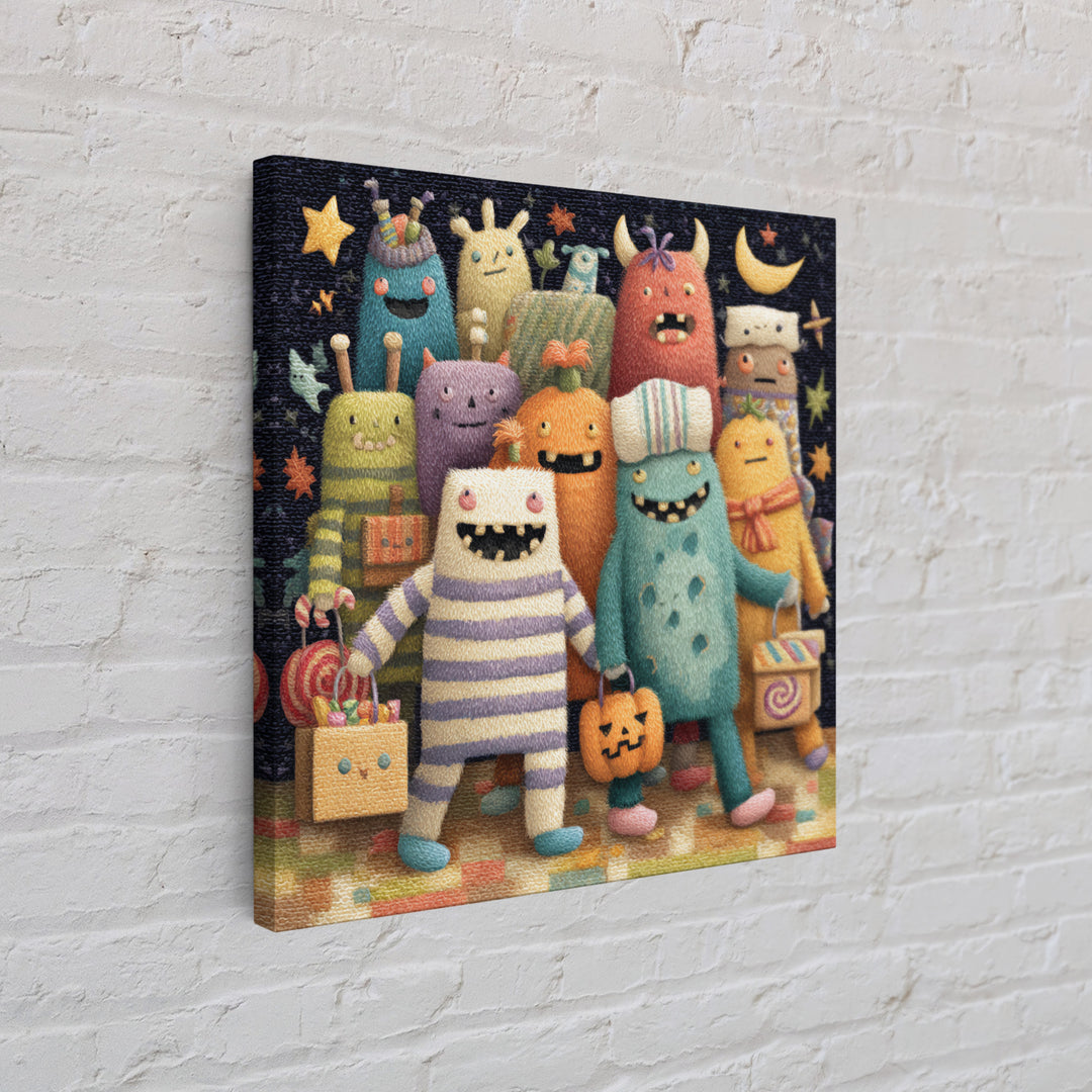 The Monster Pajama Parade, Plush Halloween Art, Square Wall Art, Canvas Print, Cute Halloween Wall Art