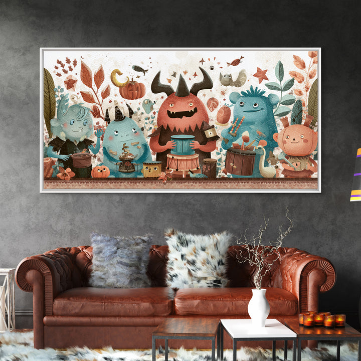 The Little Monster Orchestra, Kawaii Halloween Art, Wide Panoramic Art, Framed Canvas Print, Cute Halloween Wall Art