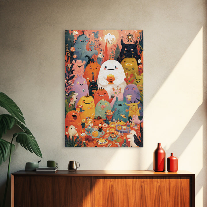 The Monster Friendship Picnic, Folk Halloween Art, Vertical Wall Art, Canvas Print, Cute Halloween Wall Art