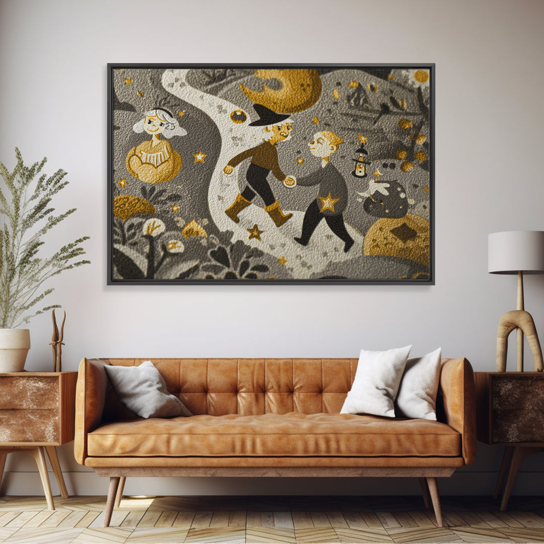 The Trick-Or-Treat Treasure Hunt, Linocut Halloween Art, Landscape Wall Art, Framed Canvas Print, Cute Halloween Wall Art