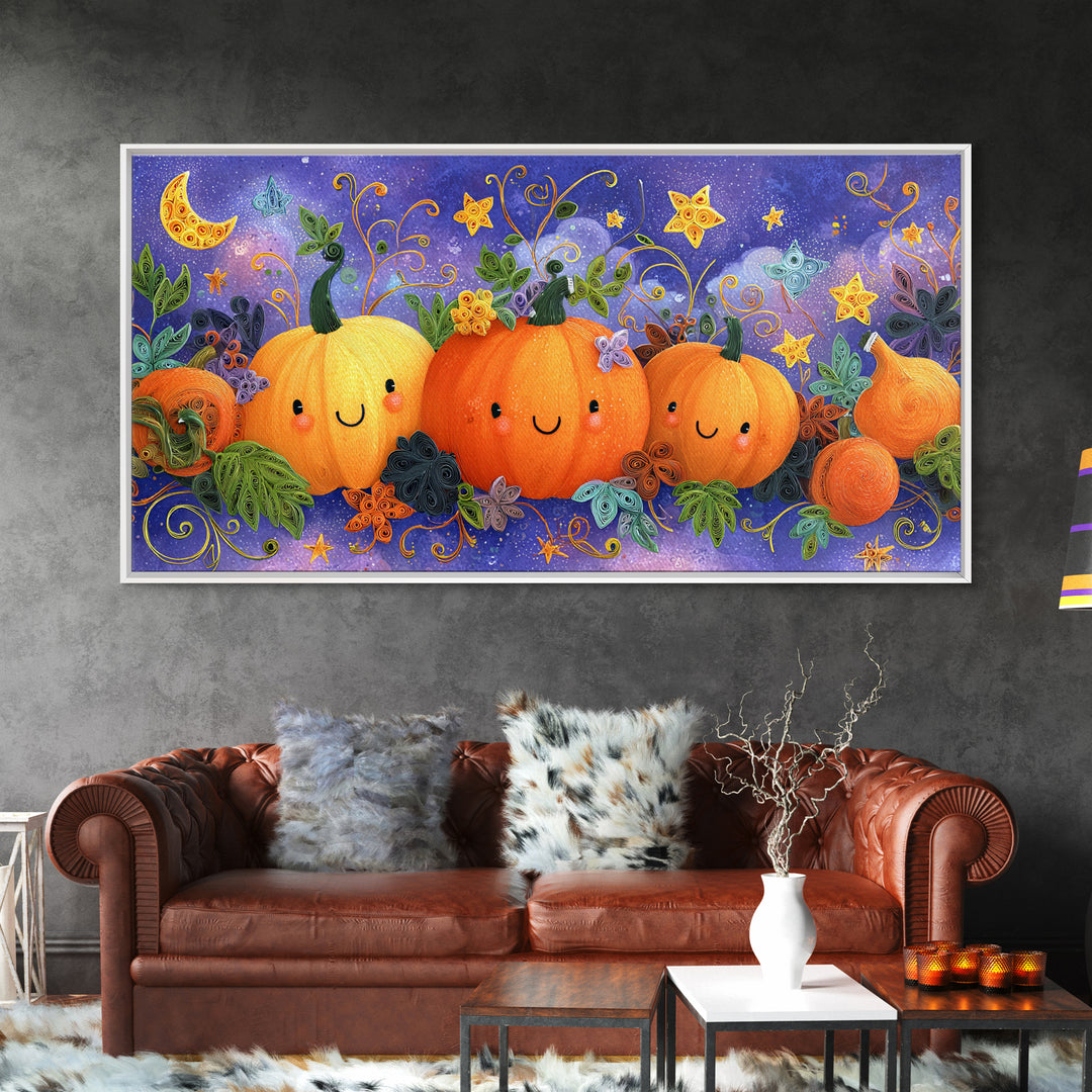 The Pumpkin Painting Party, Quilled Halloween Art, Wide Panoramic Art, Framed Canvas Print, Cute Halloween Wall Art