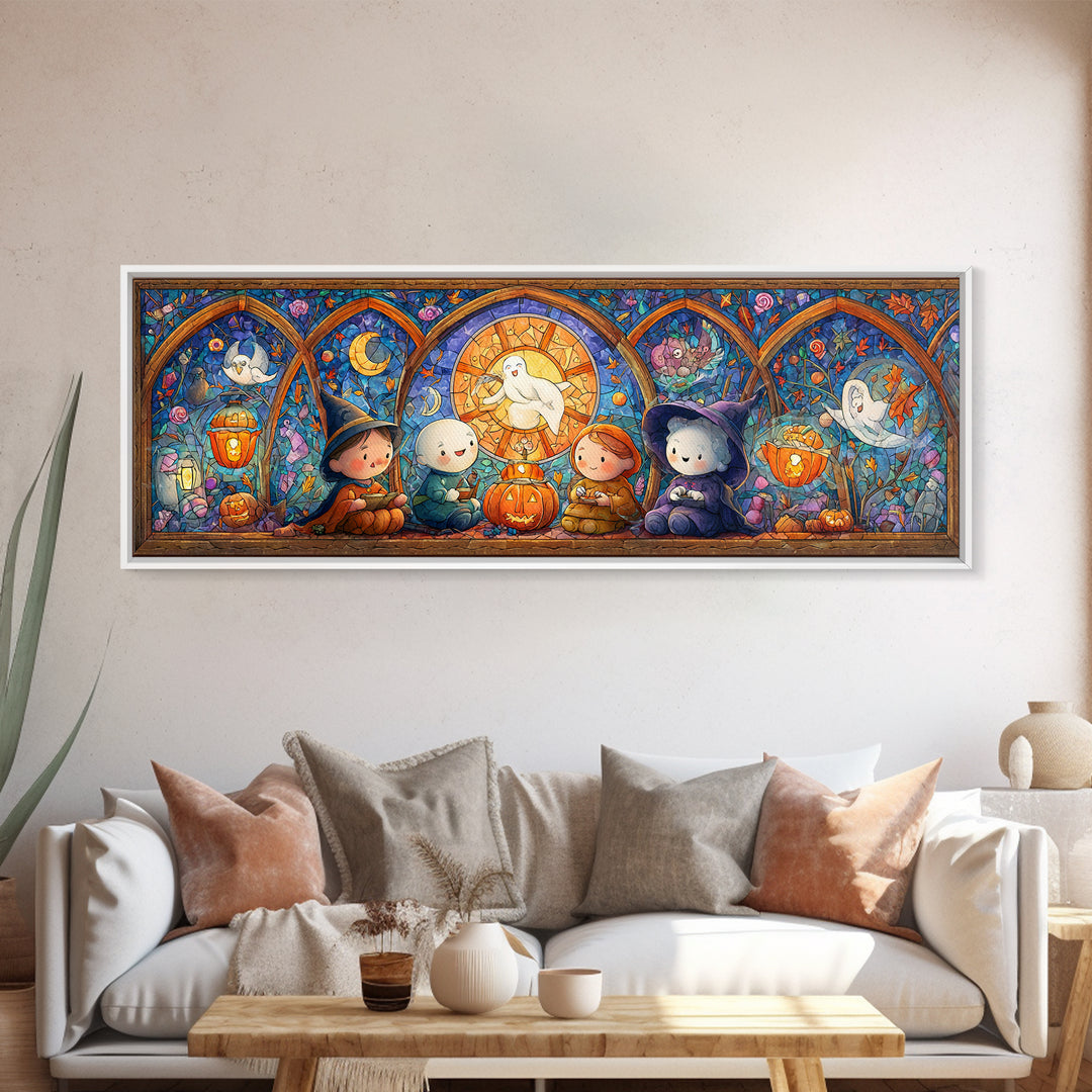 The Halloween Story Circle, Stained Glass Halloween, Extra Wide Wall Art, Canvas Print, Cute Halloween Wall Art