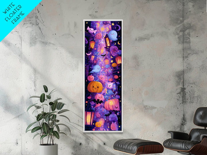 The Moonlight Dance Party, Vaporwave Halloween Art, Tall Narrow Wall Art, Framed Canvas Print, Cute Halloween Wall Art