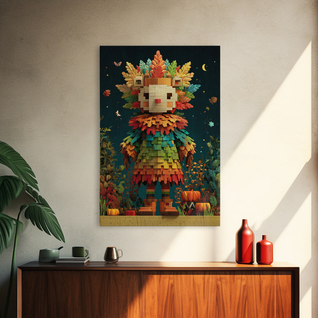 The Autumn Leaf Costume Contest, Pixel Halloween Art, Vertical Wall Art, Canvas Print, Cute Halloween Wall Art