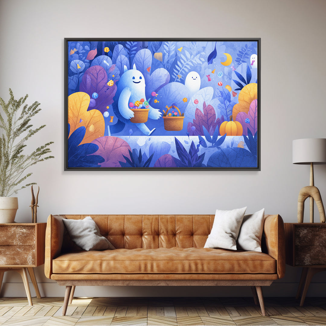 The Candy Bucket Relay Race, Vector Halloween Art, Landscape Wall Art, Framed Canvas Print, Cute Halloween Wall Art
