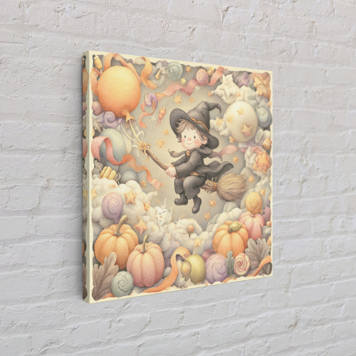 The Broomstick Obstacle Course, Hand Sketch Halloween Art, Square Wall Art, Canvas Print, Cute Halloween Wall Art