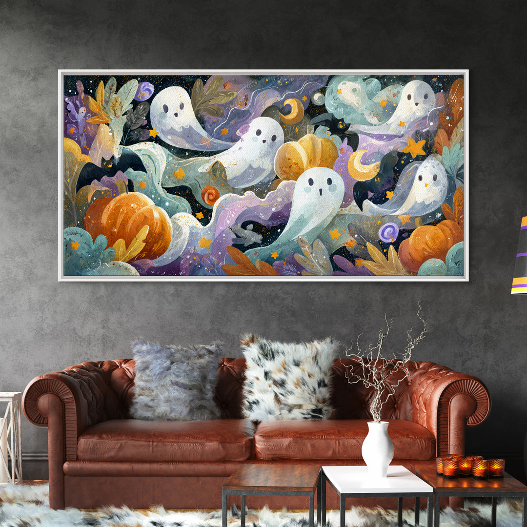 The Halloween Craft Table, Watercolor Halloween Art, Wide Panoramic Art, Framed Canvas Print, Cute Halloween Wall Art