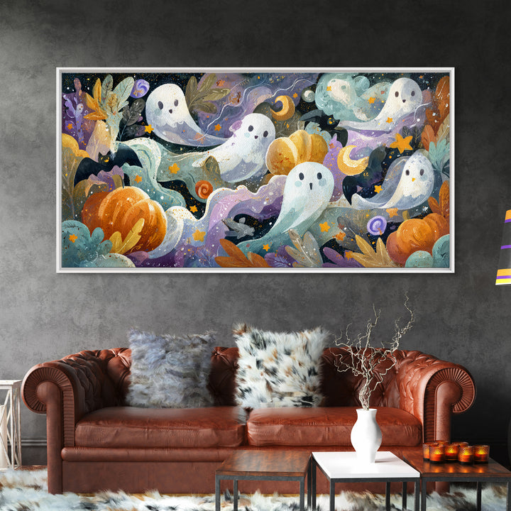 The Halloween Craft Table, Watercolor Halloween Art, Wide Panoramic Art, Framed Canvas Print, Cute Halloween Wall Art
