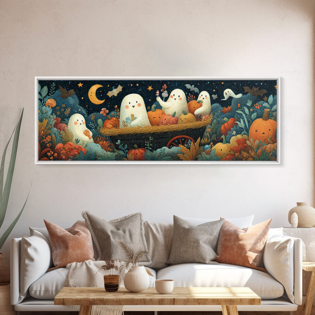 The Friendly Haunted Hayride, Gouache Halloween Art, Extra Wide Wall Art, Canvas Print, Cute Halloween Wall Art