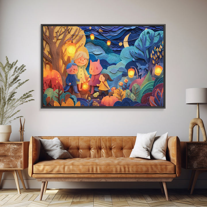 The Lantern-Making Festival, Paper Collage Halloween, Landscape Wall Art, Framed Canvas Print, Cute Halloween Wall Art