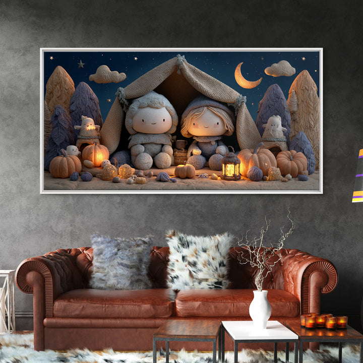 The Halloween Sleepover, Clay Halloween Art, Wide Panoramic Art, Framed Canvas Print, Cute Halloween Wall Art