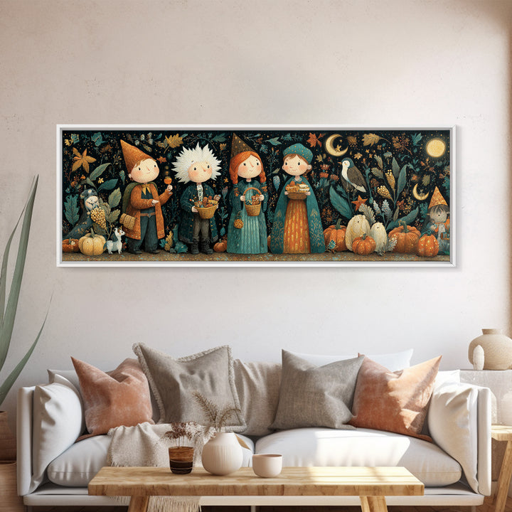 The Moonlit Scavenger Hunt, Plush Halloween Art, Extra Wide Wall Art, Canvas Print, Cute Halloween Wall Art