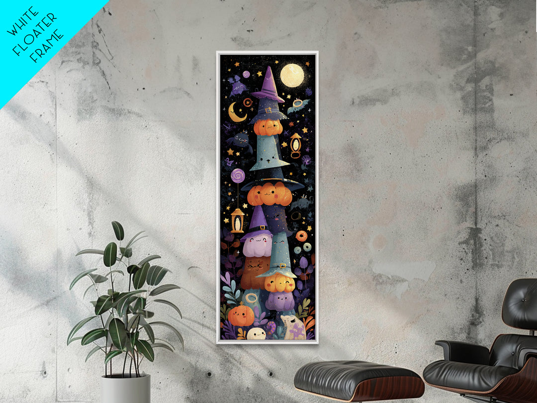 The Witch Hat Ring Toss, Kawaii Halloween Art, Tall Narrow Wall Art, Framed Canvas Print, Cute Halloween Wall Art