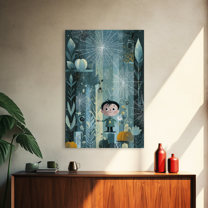 The Great Cobweb Knitting Contest, Retro Halloween Art, Vertical Wall Art, Canvas Print, Cute Halloween Wall Art