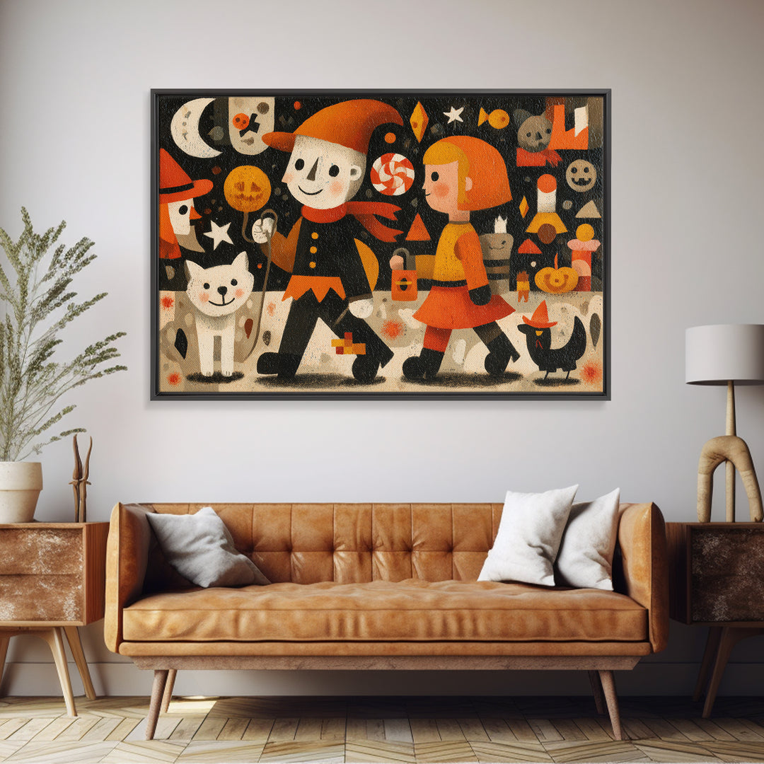 The Halloween Pet Parade, Screenprint Halloween Art, Landscape Wall Art, Framed Canvas Print, Cute Halloween Wall Art