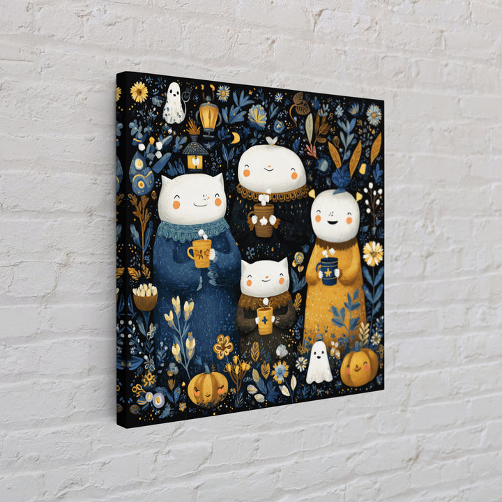 The Midnight Cocoa Party, Folk Halloween Art, Square Wall Art, Canvas Print, Cute Halloween Wall Art