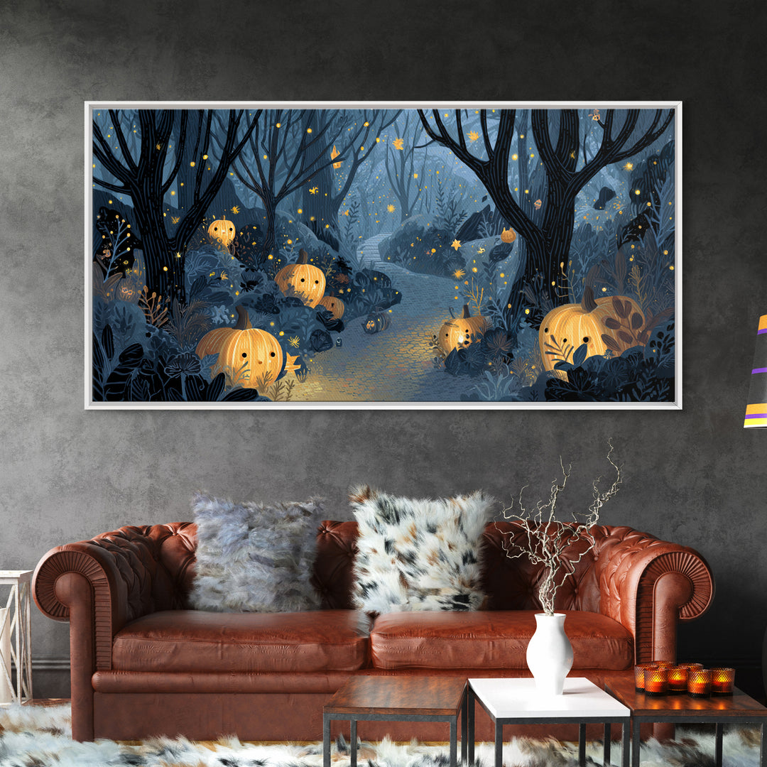 The Firefly Lantern Forest, Linocut Halloween Art, Wide Panoramic Art, Framed Canvas Print, Cute Halloween Wall Art