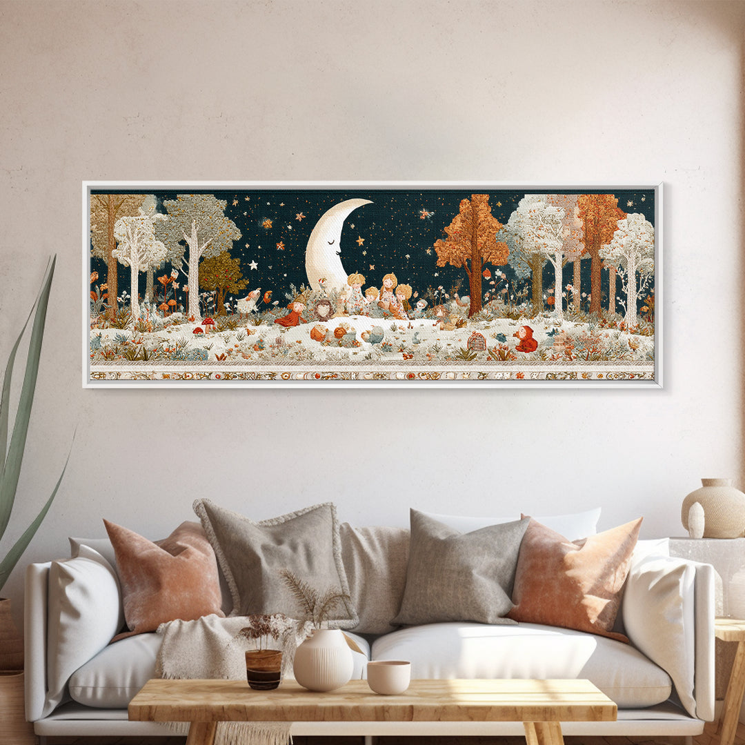 The Smiling Moon Meadow, Embroidered Halloween Art, Extra Wide Wall Art, Canvas Print, Cute Halloween Wall Art