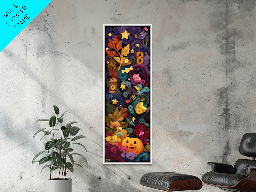 The Dancing Autumn Leaves, Quilled Halloween Art, Tall Narrow Wall Art, Framed Canvas Print, Cute Halloween Wall Art