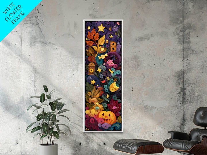 The Dancing Autumn Leaves, Quilled Halloween Art, Tall Narrow Wall Art, Framed Canvas Print, Cute Halloween Wall Art