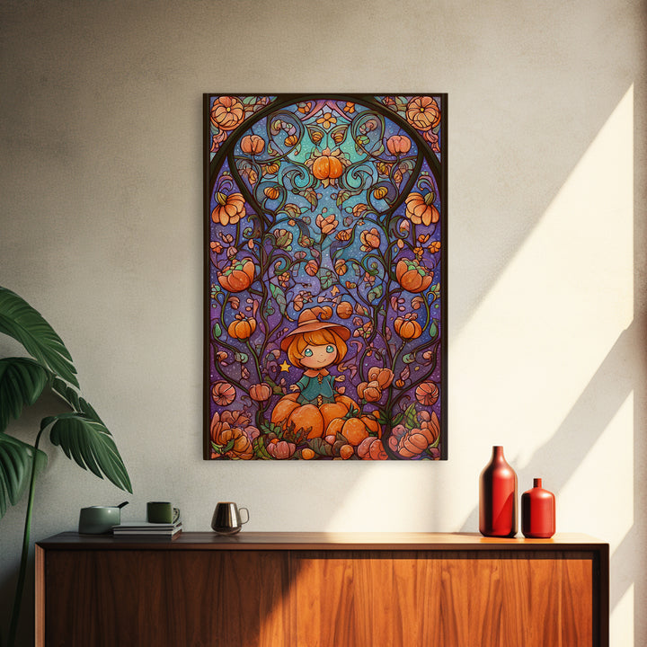 The Pumpkin Flower Garden, Stained Glass Halloween, Vertical Wall Art, Canvas Print, Cute Halloween Wall Art
