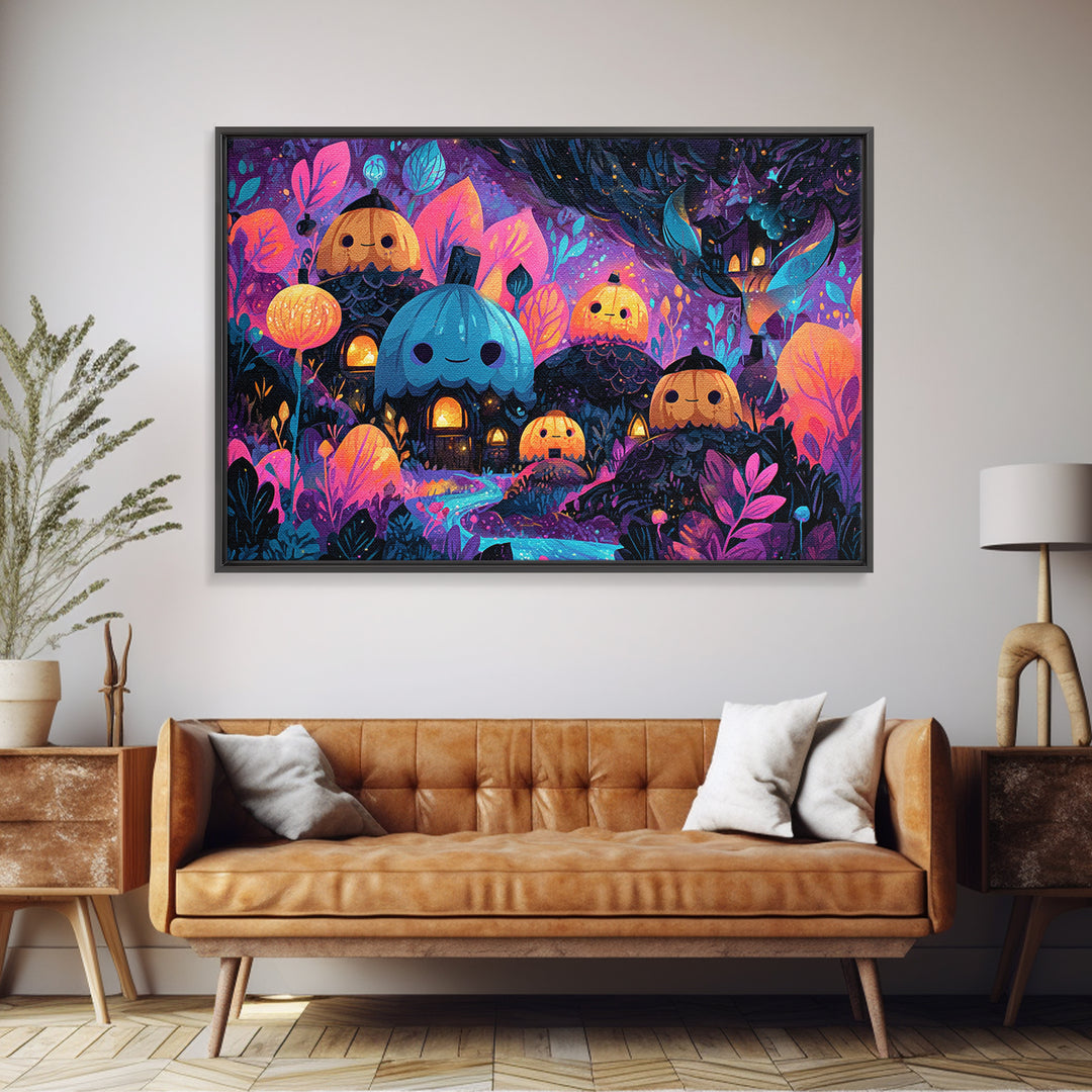The Moonlit Acorn Village, Vaporwave Halloween Art, Landscape Wall Art, Framed Canvas Print, Cute Halloween Wall Art