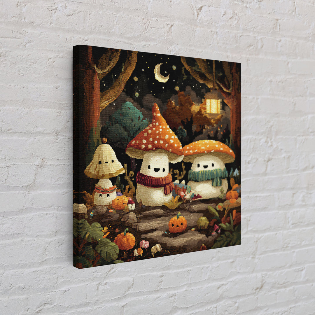 The Friendly Mushroom Forest, Pixel Halloween Art, Square Wall Art, Canvas Print, Cute Halloween Wall Art