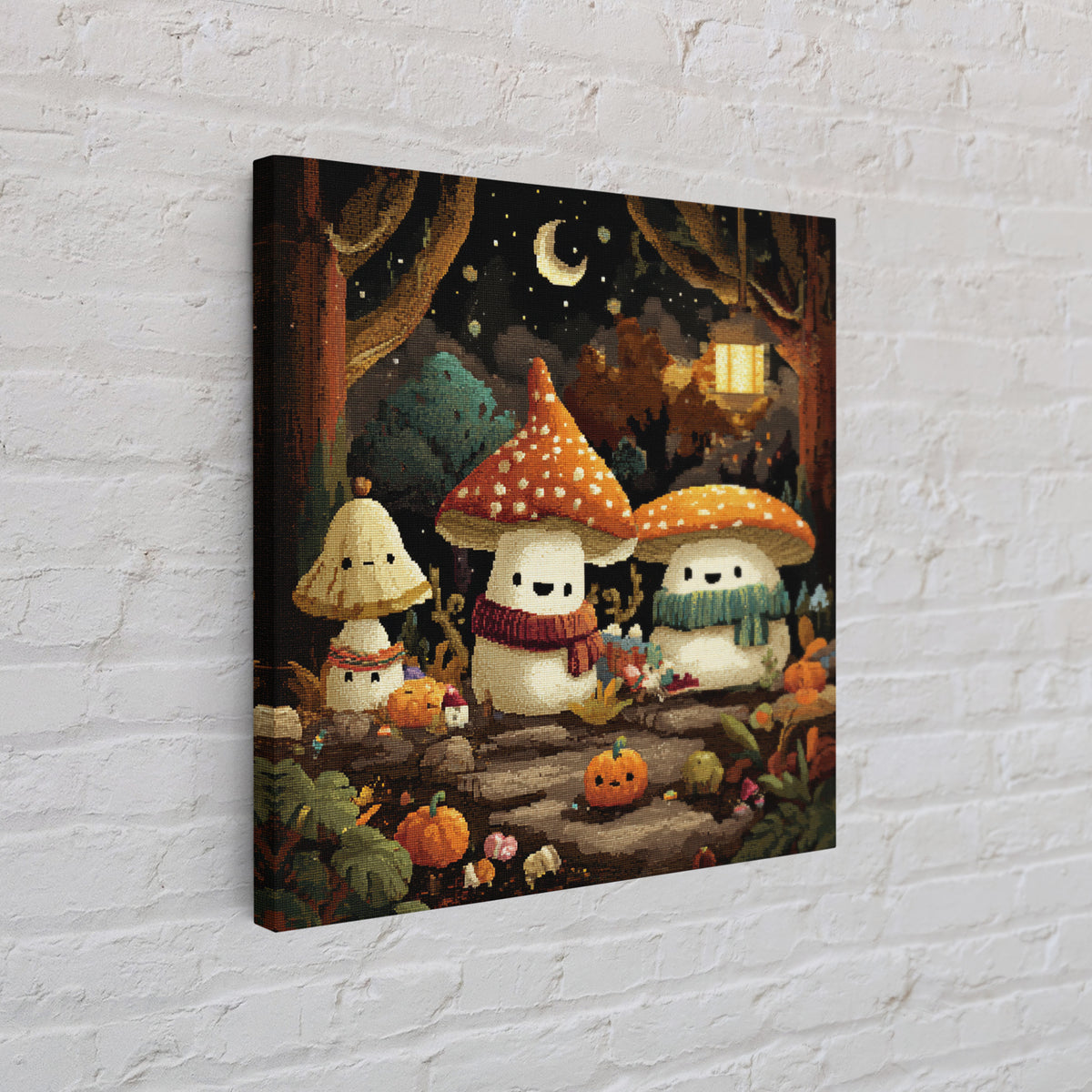 The Friendly Mushroom Forest, Pixel Halloween Art, Square Wall Art, Canvas Print, Cute Halloween Wall Art