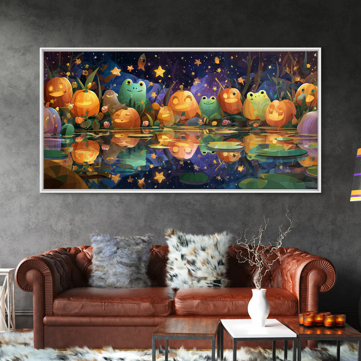 The Star-Filled Pumpkin Pond, Vector Halloween Art, Wide Panoramic Art, Framed Canvas Print, Cute Halloween Wall Art